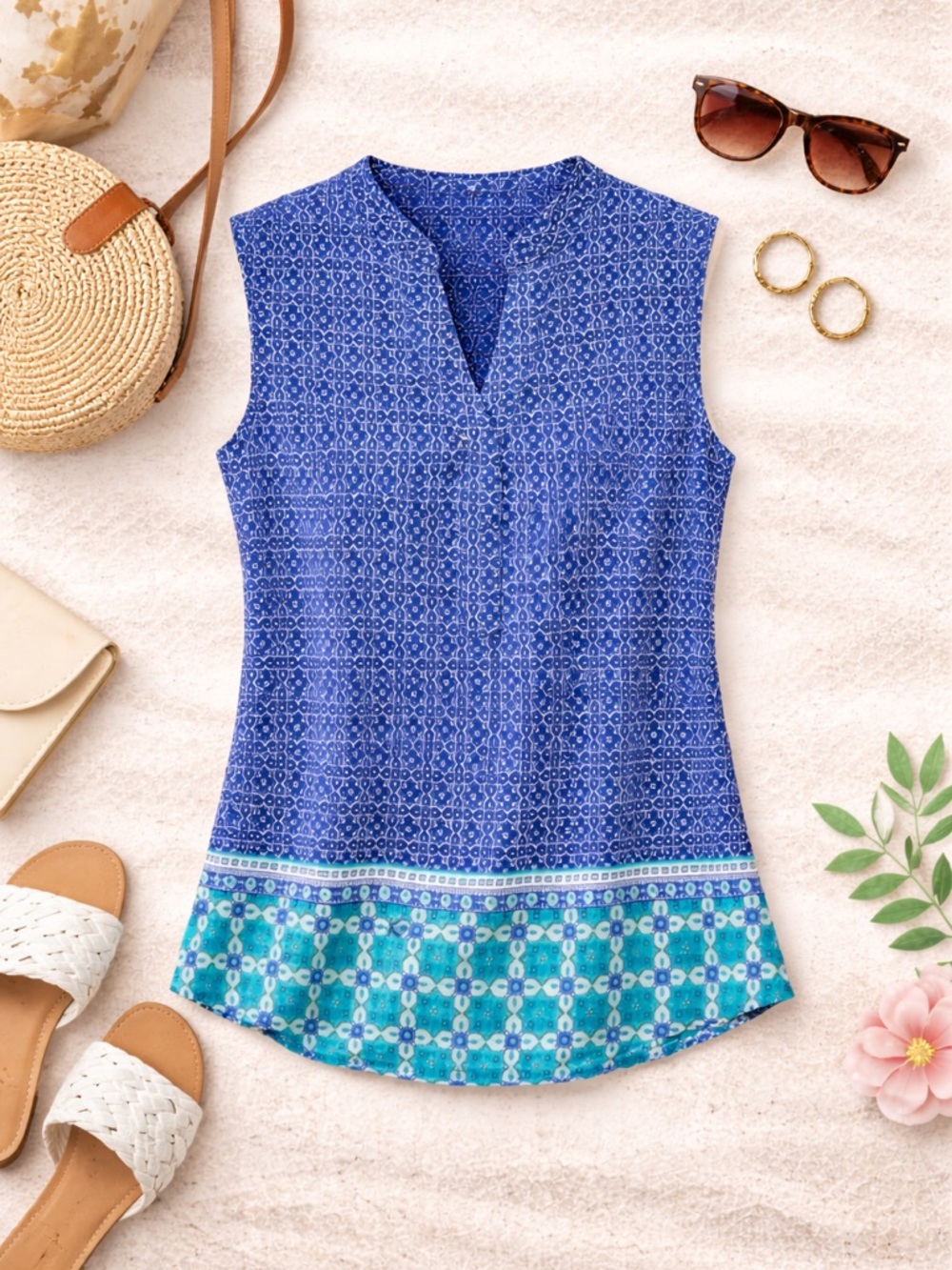 Talbots Blue and White Geometric Print Shirt